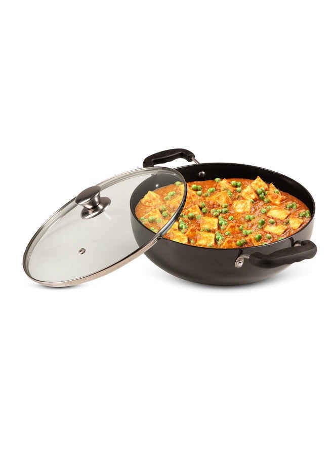 AGARO Elite Hard Anodised Kadhai with Glass Lid, 3.85L Capacity, 28 cm Diameter, Gas Oven Compatible, Riveted Handle, 3mm Thick Plate, Cooking, Frying, Serving, Black