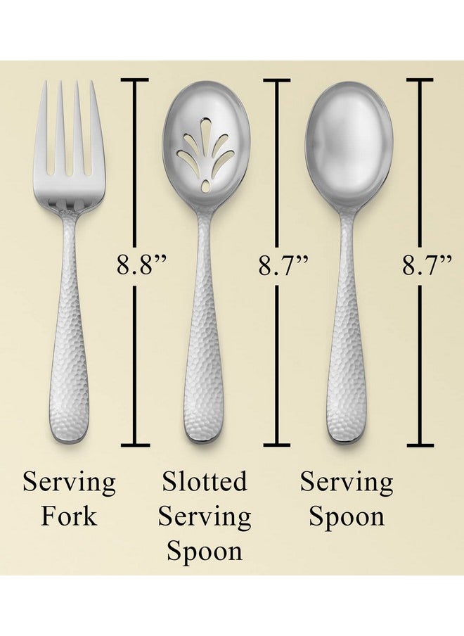 Hudson Essentials 9-Piece Bergamo Hammered 18/10 Stainless Steel Serving Fork & Serving Spoon Set - Flatware Silverware