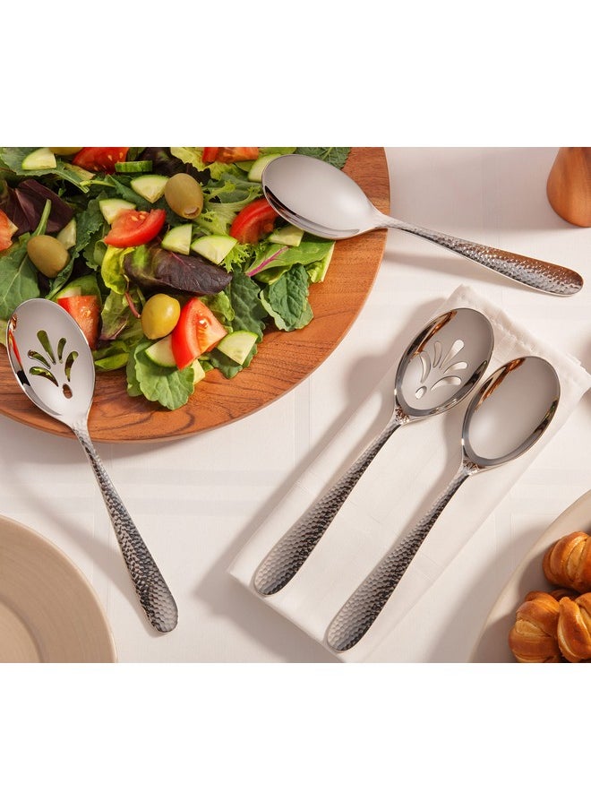 Hudson Essentials 9-Piece Bergamo Hammered 18/10 Stainless Steel Serving Fork & Serving Spoon Set - Flatware Silverware