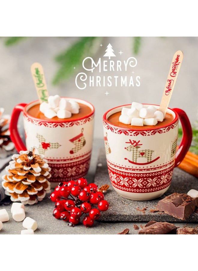 Hoolerry 100 Pcs Disposable Christmas Wooden Spoons 5.5'' Merry Christmas Pattern Spoons Hot Cocoa Chocolate Candy Cane Spoons Winter Tasting Bar Spoons for Cake Coffee Ice Cream