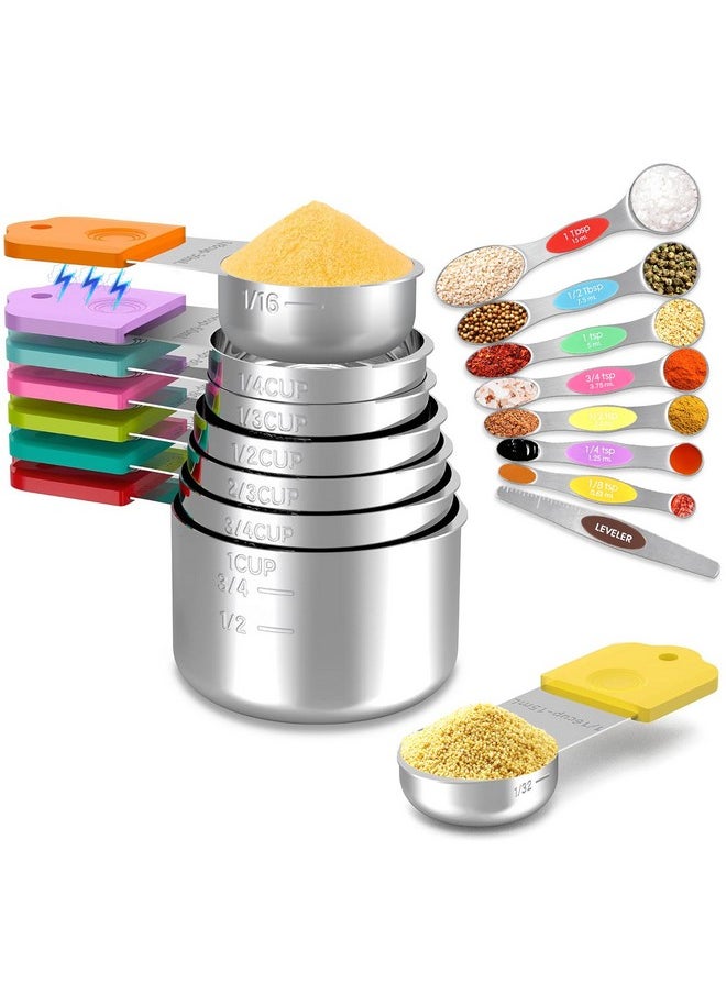 Fanadith Magnetic Measuring Cups and Spoons Set, Stainless Steel 16 Piece Set, Kitchen Gadgets for Cooking & Baking, Including 8 Measuring Cups + 7 Double Sided Magnetic Measuring Spoons + 1 Leveler