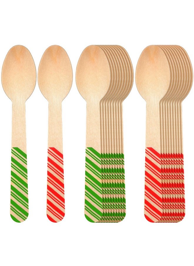 Hoolerry 100 Pcs Disposable Christmas Wooden Spoons 5.5'' Red Striped Pattern Spoons Hot Cocoa Chocolate Candy Cane Spoons Winter Tasting Bar Spoons for Cake Coffee Ice Cream(Red, Green)