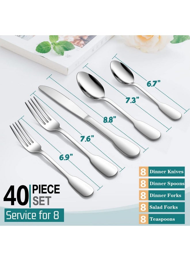 18/10 Silverware Set, E-far 40-Piece Stainless Steel Flatware Cutlery Set Service for 8, Metal Tableware Eating Utensil Sets for Home/Restaurant/Wedding, Elegant & Classic Style - Dishwasher Safe