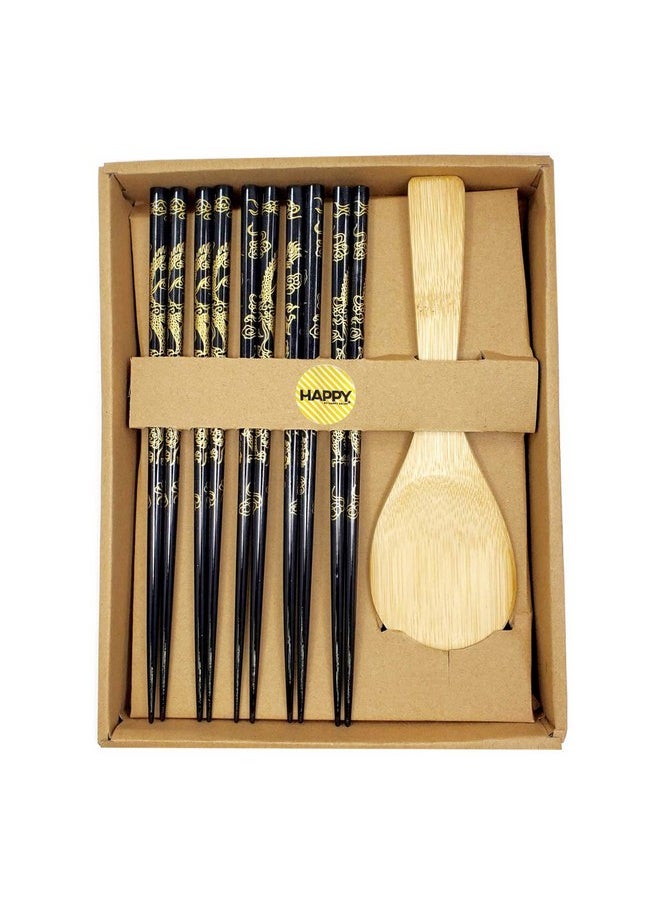 Happy Sales CH-80, Bamboo Chopsticks Gift Set Rice Paddle Included, Dragon