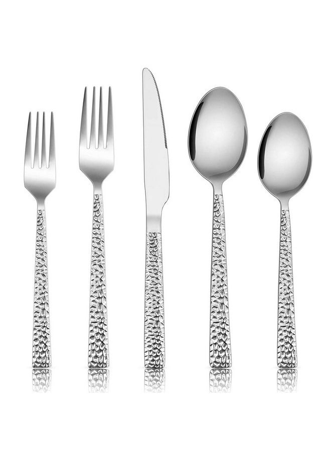 E-far Hammered Silverware Set, 40-Piece Stainless Steel Square Flatware Set for 8, Metal Tableware Cutlery Set Includes Dinner Knives/Forks/Spoons, Modern Design & Mirror Polished - Dishwasher Safe