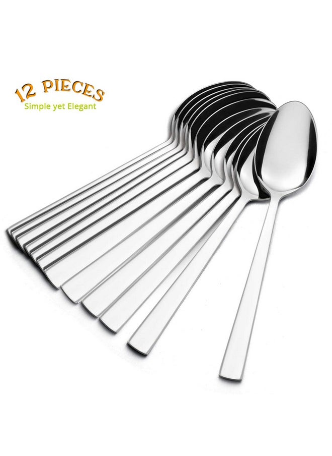 Dinner Spoons Set of 12, E-far 7.9 Inch Stainless Steel Soup Spoons Tablespoons for Home, Kitchen or Restaurant, Non-toxic & Mirror Polished, Squared Edge & Dishwasher Safe