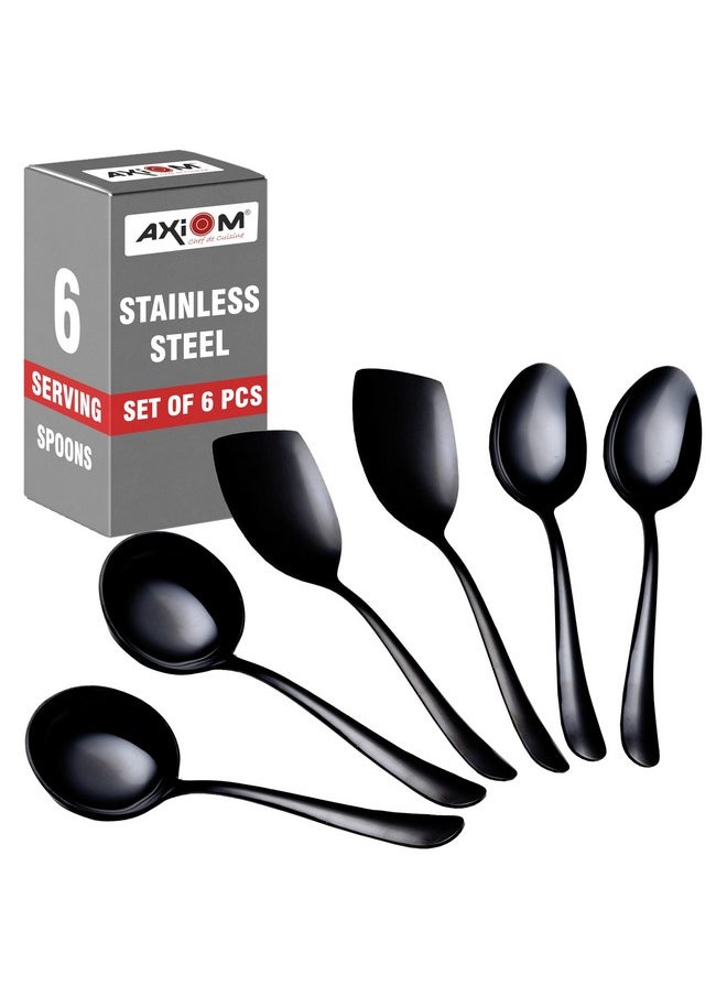 Axiom Stainless Steel Black Serving Tools Set. 6 Piece Heavy Gauge Non-Stick Set Of 2 Soup Ladle (Karchi), 2 Solid Spoon (Chamcha) & 2 Rice Spoon For Serving Soup/Curry/Dal/Rice. Gold - 23 Cm