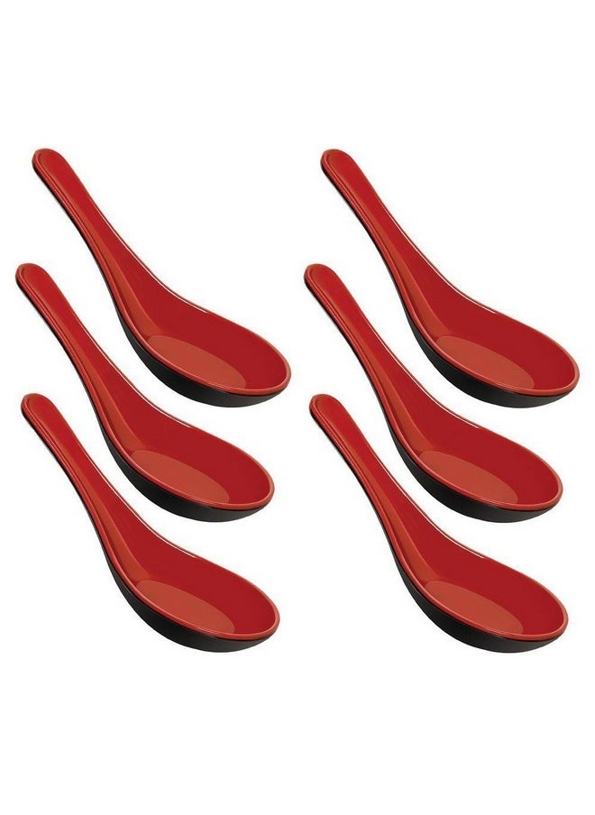 Happy Sales Melamine Soba, Rice Spoons, Chinese Won Ton Soup Spoon, Asian Red and Black, 6 Pack Plain Style
