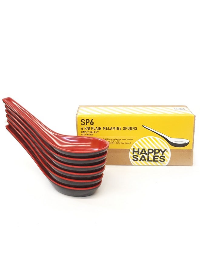 Happy Sales Melamine Soba, Rice Spoons, Chinese Won Ton Soup Spoon, Asian Red and Black, 6 Pack Plain Style