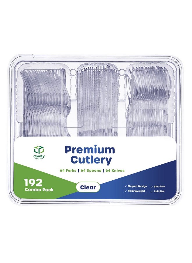 Comfy Package [192 Combo Pack] Premium Heavyweight Disposable Clear Plastic Silverware - 64 Forks, 64 Spoons, 64 Knives, plastic utensils, Cutlery Set for Parties, Events, and Catering