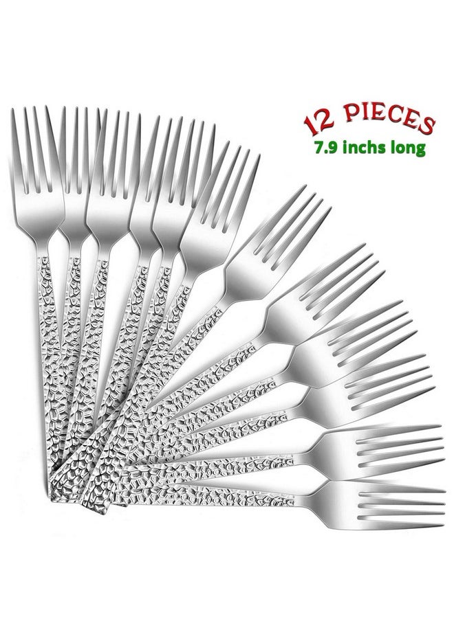 E-far 12-Piece Hammered Dinner Forks Set, 7.9 Inch Stainless Steel Forks for Home, Kitchen or Restaurant, Non-toxic & Mirror Polished, Squared Edge & Dishwasher Safe