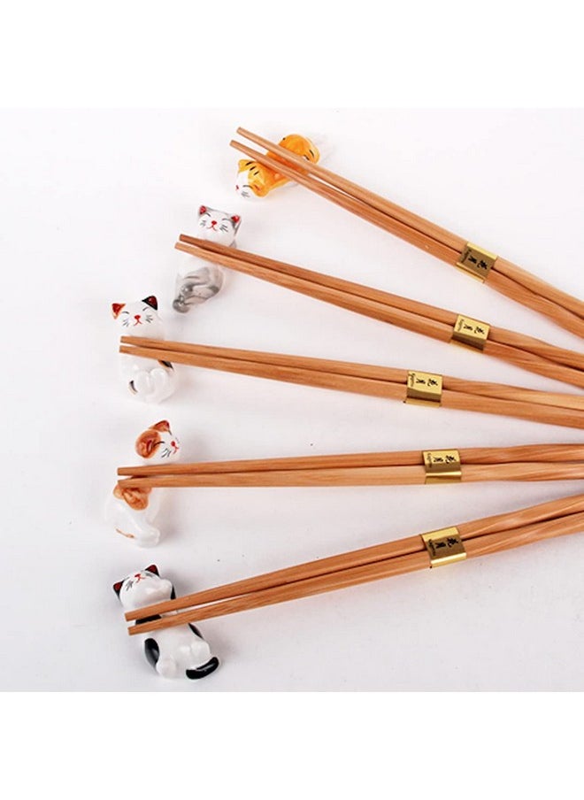 Happy Sales HSRST-CAT, Japanese Chopsticks Set with Cute Kitten Maneki Neko Lucky Fortune Cats Chopsticks Rest 5 Pair Assorted Colors Chopsticks Set Dining Table Starter Kit Beautiful Gift, Cat