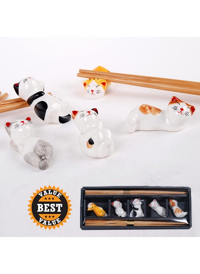 Happy Sales HSRST-CAT, Japanese Chopsticks Set with Cute Kitten Maneki Neko Lucky Fortune Cats Chopsticks Rest 5 Pair Assorted Colors Chopsticks Set Dining Table Starter Kit Beautiful Gift, Cat
