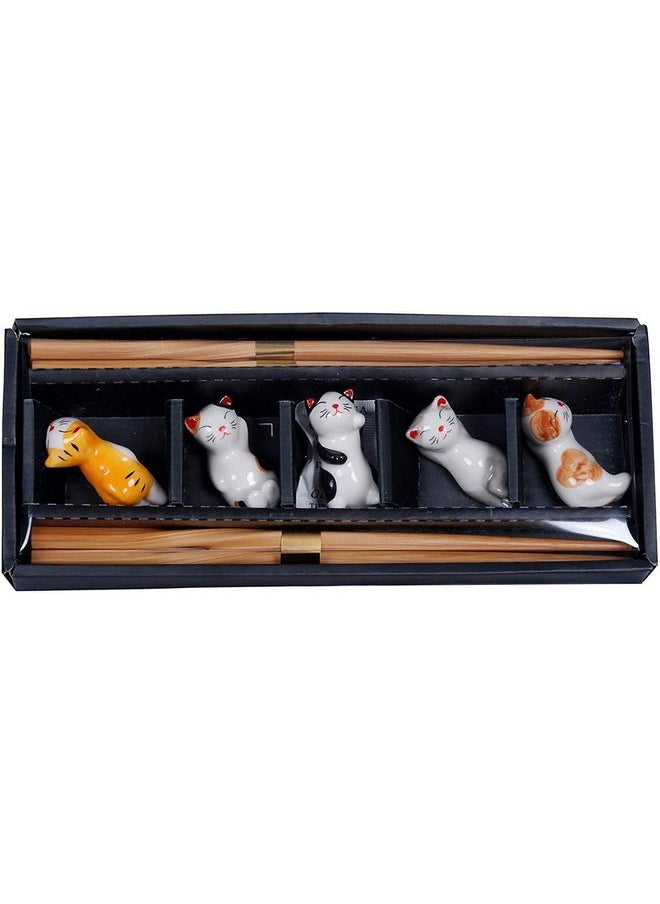 Happy Sales HSRST-CAT, Japanese Chopsticks Set with Cute Kitten Maneki Neko Lucky Fortune Cats Chopsticks Rest 5 Pair Assorted Colors Chopsticks Set Dining Table Starter Kit Beautiful Gift, Cat