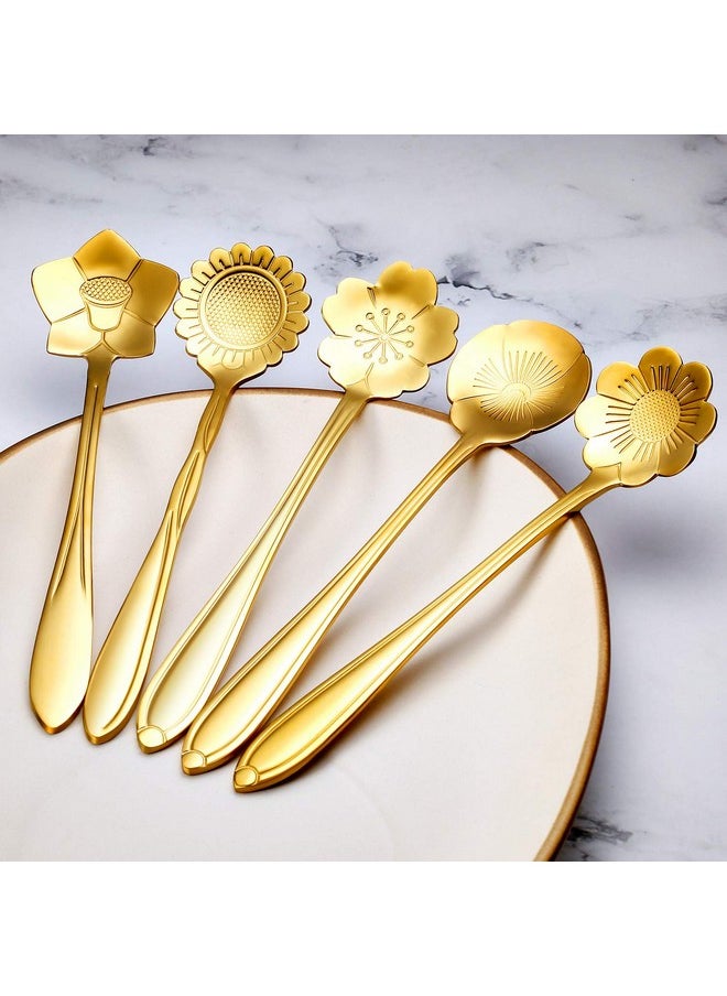 Hasthip 8 Pieces Flower Spoon Coffee Teaspoon Set, 410 Stainless Steel Tableware, Reusable Sugar Spoon Tea Spoon Stir Bar Spoon Stirring Spoon, 8 Different Patterns (Golden) - 11.9 Cm