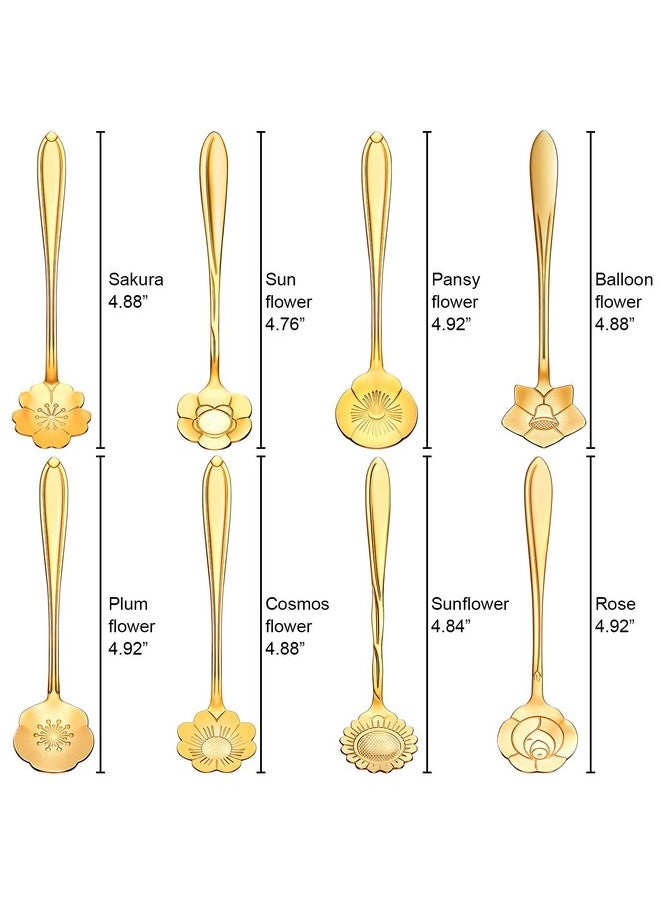 Hasthip 8 Pieces Flower Spoon Coffee Teaspoon Set, 410 Stainless Steel Tableware, Reusable Sugar Spoon Tea Spoon Stir Bar Spoon Stirring Spoon, 8 Different Patterns (Golden) - 11.9 Cm