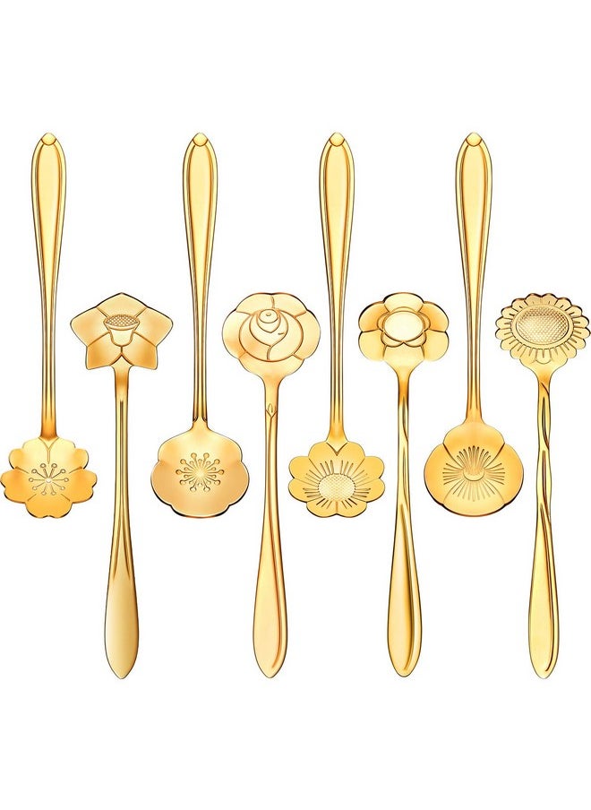 Hasthip 8 Pieces Flower Spoon Coffee Teaspoon Set, 410 Stainless Steel Tableware, Reusable Sugar Spoon Tea Spoon Stir Bar Spoon Stirring Spoon, 8 Different Patterns (Golden) - 11.9 Cm
