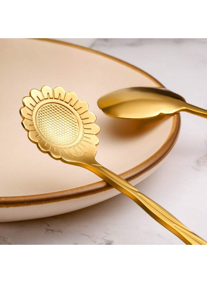 Hasthip 8 Pieces Flower Spoon Coffee Teaspoon Set, 410 Stainless Steel Tableware, Reusable Sugar Spoon Tea Spoon Stir Bar Spoon Stirring Spoon, 8 Different Patterns (Golden) - 11.9 Cm