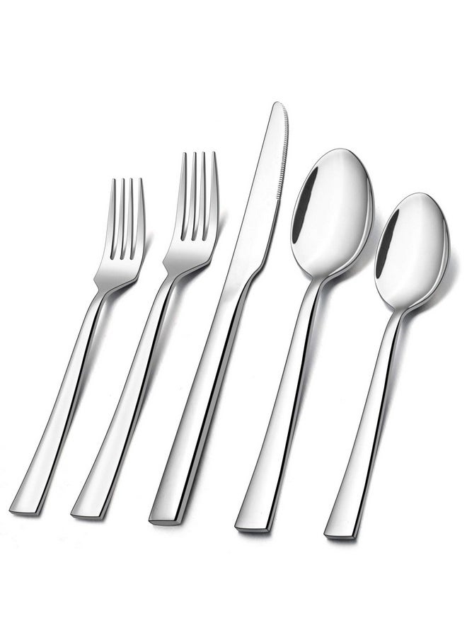 E-far 60-Piece Silverware Set, Stainless Steel Flatware Set Service for 12, Tableware Cutlery Set for Home Restaurant Party, Dinner Forks/Spoons/Knives, Square Edge & Mirror Polished, Dishwasher Safe