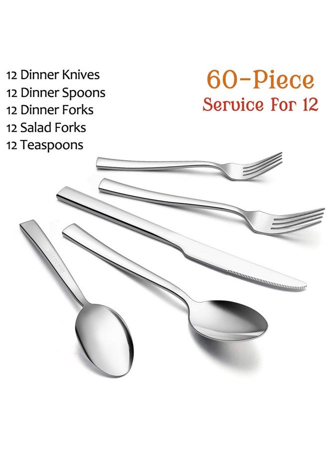 E-far 60-Piece Silverware Set, Stainless Steel Flatware Set Service for 12, Tableware Cutlery Set for Home Restaurant Party, Dinner Forks/Spoons/Knives, Square Edge & Mirror Polished, Dishwasher Safe
