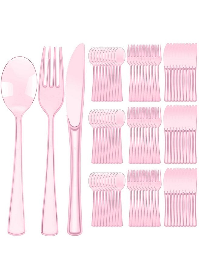 150 Pieces Disposable Cutlery Set Plastic Silverware Heavy Duty Utensil Sets 50 Forks 50 Knives 50 Spoons for Home Office School Party Picnics Restaurant Outdoor Events or Every Day Use (Pink)