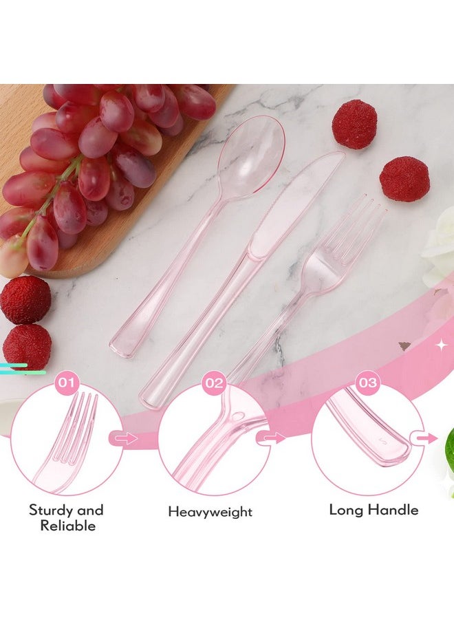 150 Pieces Disposable Cutlery Set Plastic Silverware Heavy Duty Utensil Sets 50 Forks 50 Knives 50 Spoons for Home Office School Party Picnics Restaurant Outdoor Events or Every Day Use (Pink)