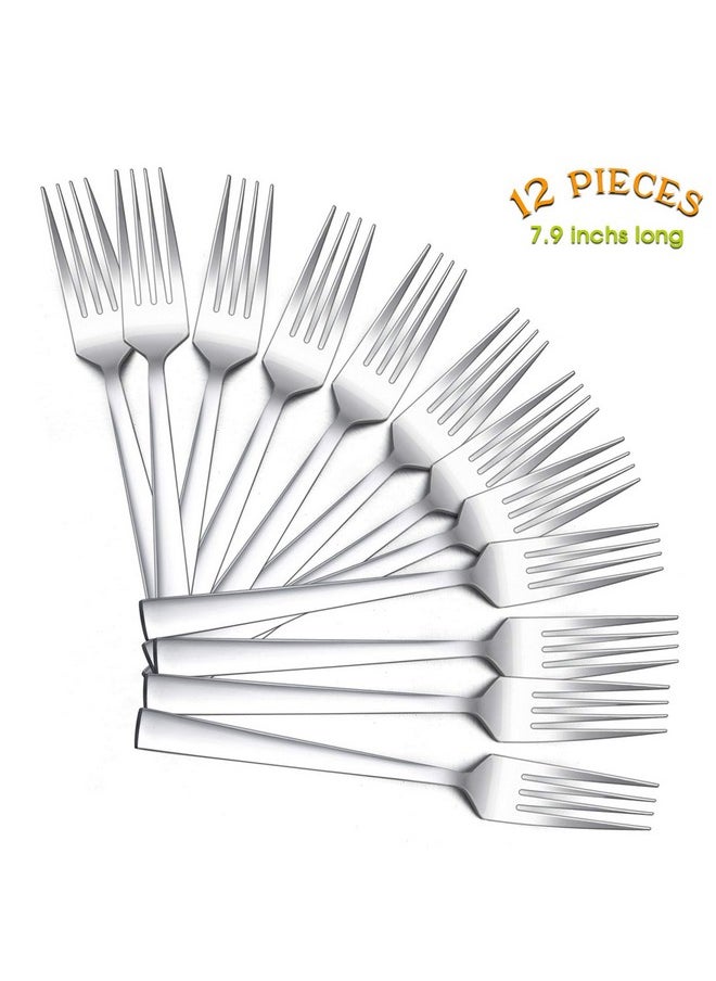 Dinner Forks Set of 12, E-far 7.9 Inch Stainless Steel Forks for Home, Kitchen or Restaurant, Non-toxic & Mirror Polished, Squared Edge & Dishwasher Safe