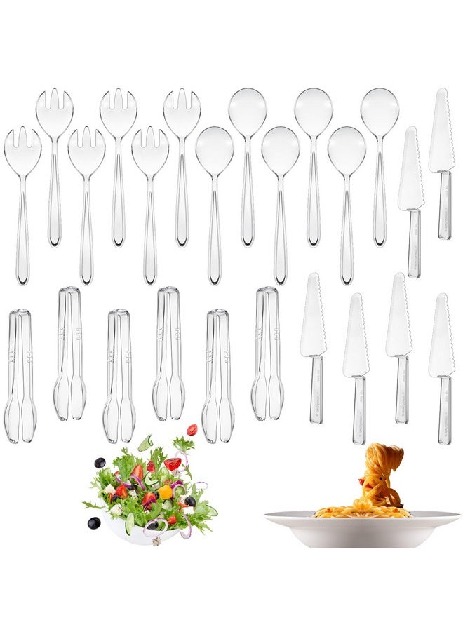 Lanties 24 Pcs Plastic Serving Utensils Set Disposable Utensils Includes 18 Pcs Serving Spoons Forks Tongs and 6 Pcs Plastic Cake Server for Birthday Party Buffet Cutlery for Serving Food (Clear)