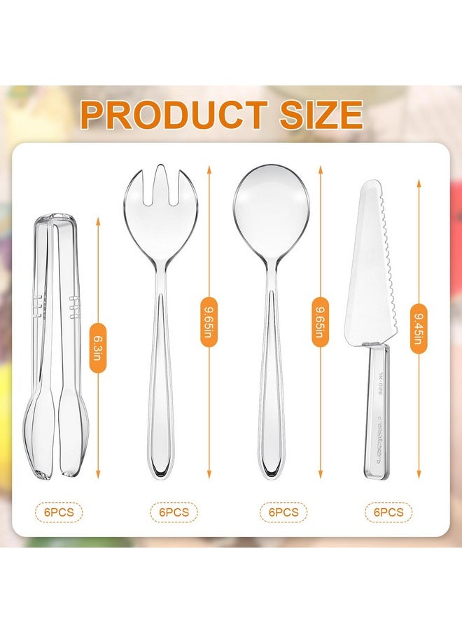 Lanties 24 Pcs Plastic Serving Utensils Set Disposable Utensils Includes 18 Pcs Serving Spoons Forks Tongs and 6 Pcs Plastic Cake Server for Birthday Party Buffet Cutlery for Serving Food (Clear)