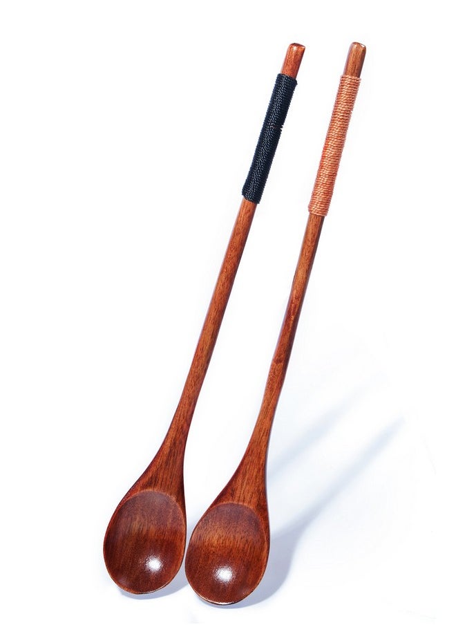 Islandoffer 2 pcs of 8inch Wood Coffee/Tea Spoon, Handmade Solid Wood, for Stirring, Spices, Jams, Putting Sugar, Cream, Long Handle with Jute string wrapped