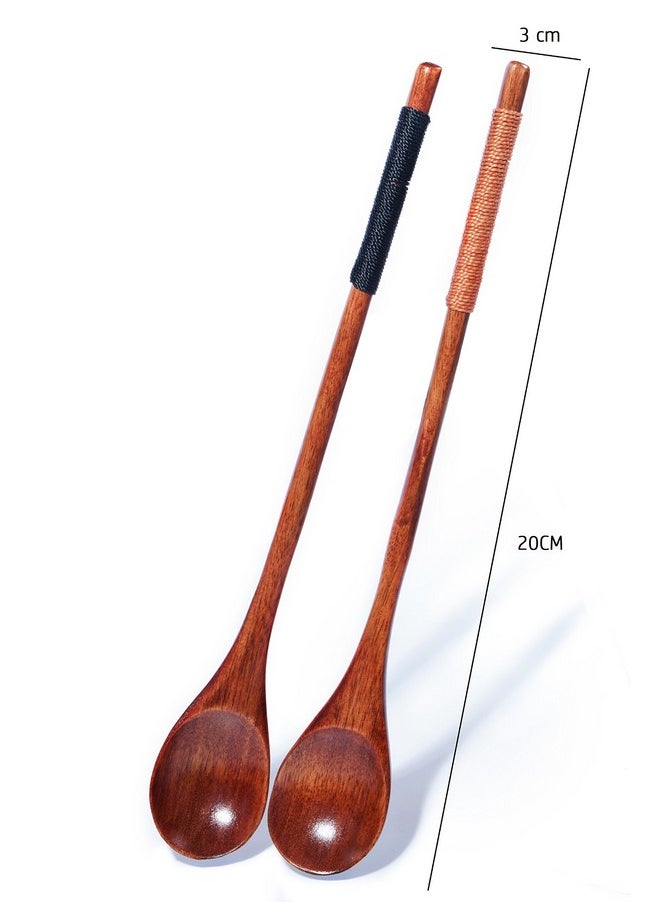 Islandoffer 2 pcs of 8inch Wood Coffee/Tea Spoon, Handmade Solid Wood, for Stirring, Spices, Jams, Putting Sugar, Cream, Long Handle with Jute string wrapped