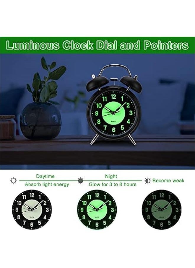 Twin Bell Alarm Clock, 4 Inches Vintage Super Loud Analog Alarm Clock for Heavy Sleepers, Non-Ticking Silent Battery Operated Alarm Clock with Backlight for Bedroom Bedside Desk - Classic Black