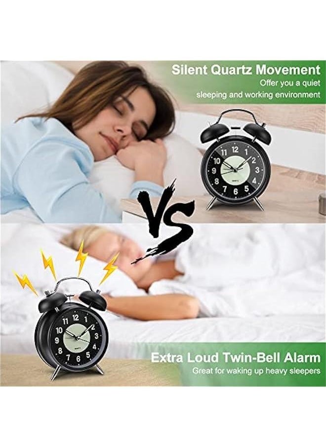Twin Bell Alarm Clock, 4 Inches Vintage Super Loud Analog Alarm Clock for Heavy Sleepers, Non-Ticking Silent Battery Operated Alarm Clock with Backlight for Bedroom Bedside Desk - Classic Black