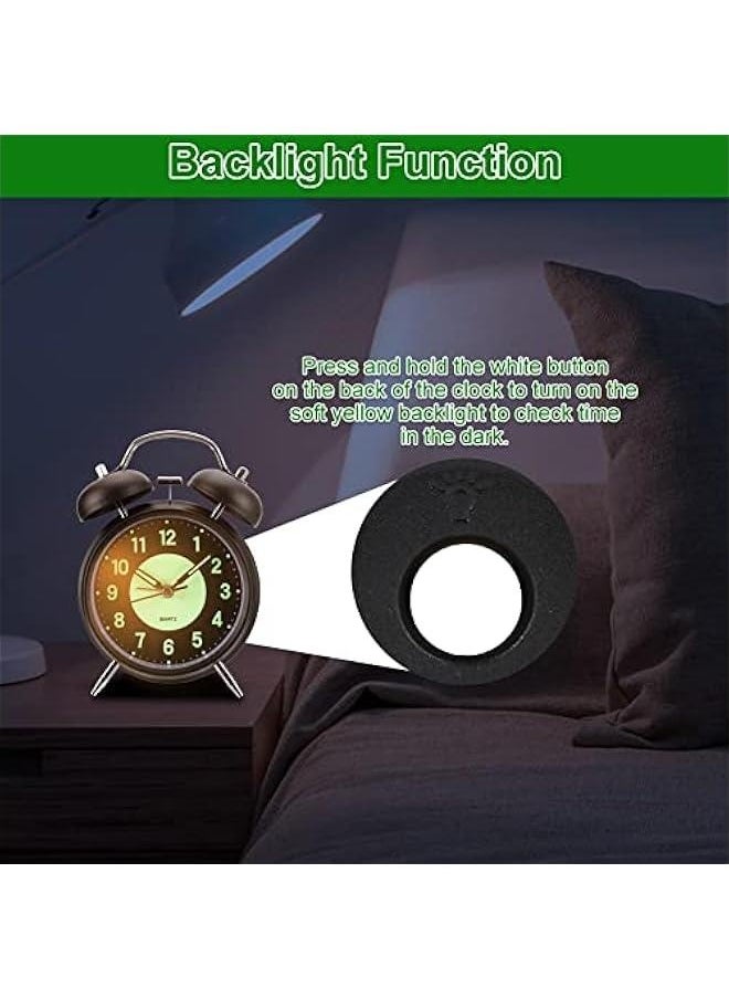 Twin Bell Alarm Clock, 4 Inches Vintage Super Loud Analog Alarm Clock for Heavy Sleepers, Non-Ticking Silent Battery Operated Alarm Clock with Backlight for Bedroom Bedside Desk - Classic Black