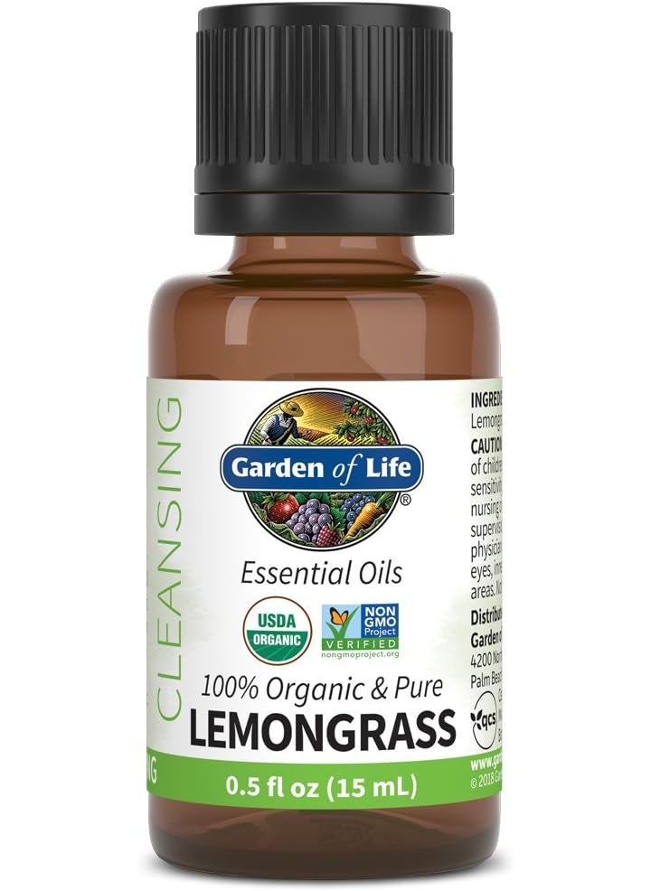 Garden of Life Essential Oil, USDA Organic & Pure, Clean, Undiluted & Non-GMO, for Diffuser, Aromatherapy, Meditation, Cleansing, Relaxing, Calming, Lemongrass, 0.5 Fl Oz