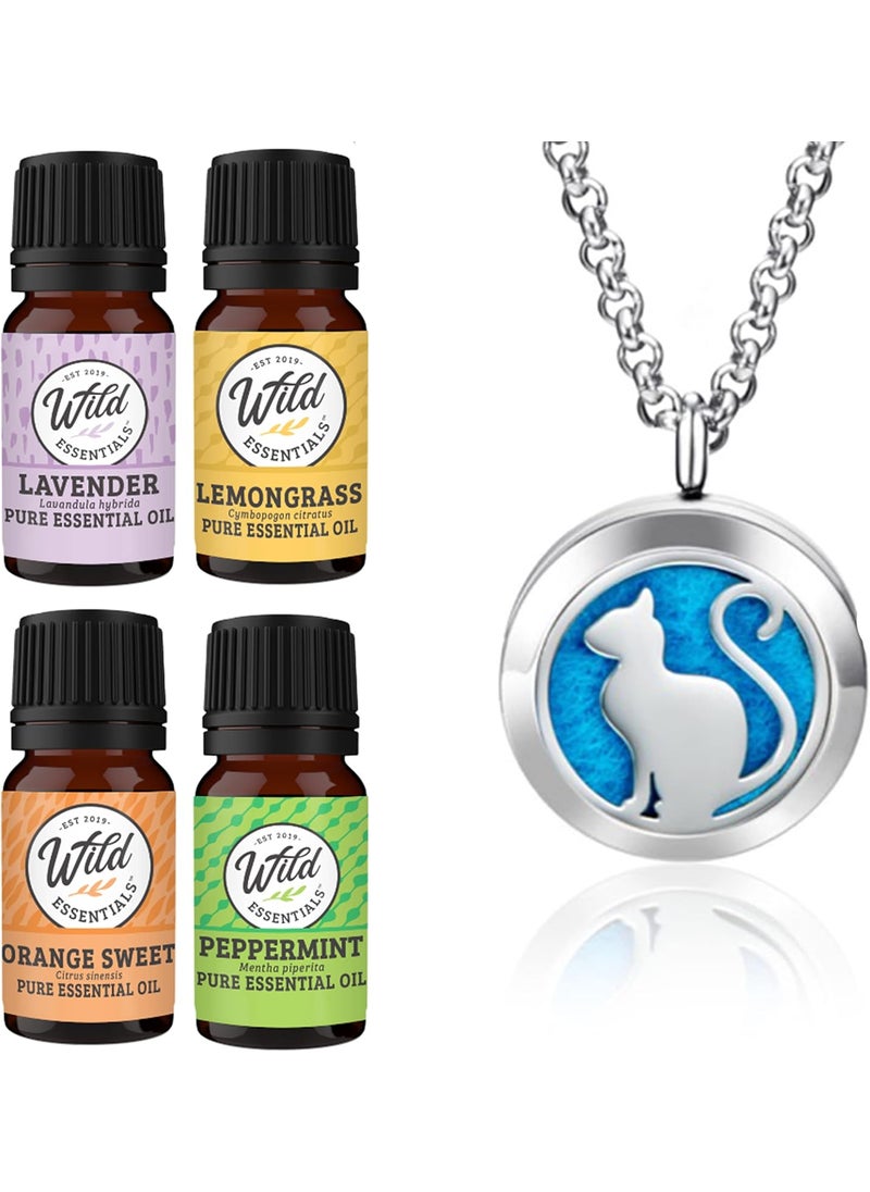 Wild Essentials Pretty Kitty Cat Necklace Essential Oil Diffuser Kit, Lavender, Lemongrass, Peppermint, Orange Oils, 12 Refill Pads, Calming Aromatherapy Gift Set, Customizable Color Changing, Perfume