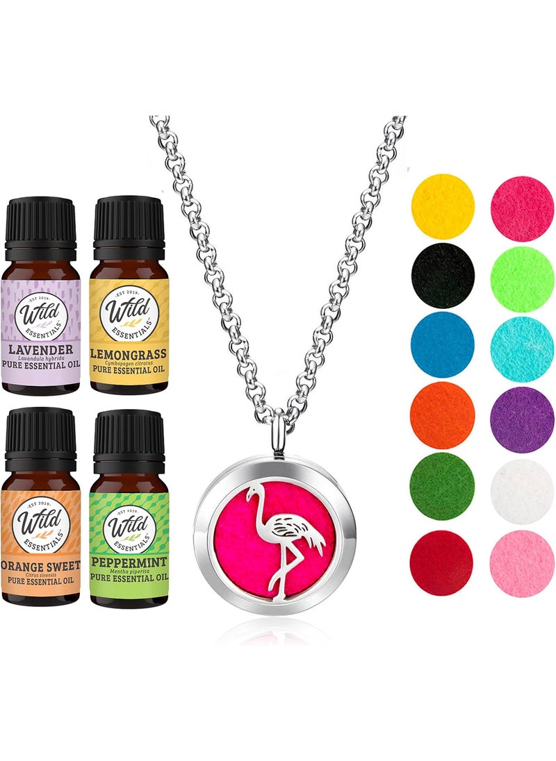 Wild Essentials Flamingo Necklace Essential Oil Diffuser Kit with Lavender, Lemongrass, Peppermint, Orange Oils, 12 Refill Pads, Calming Aromatherapy Gift Set, Customizable Color Changing, Perfume