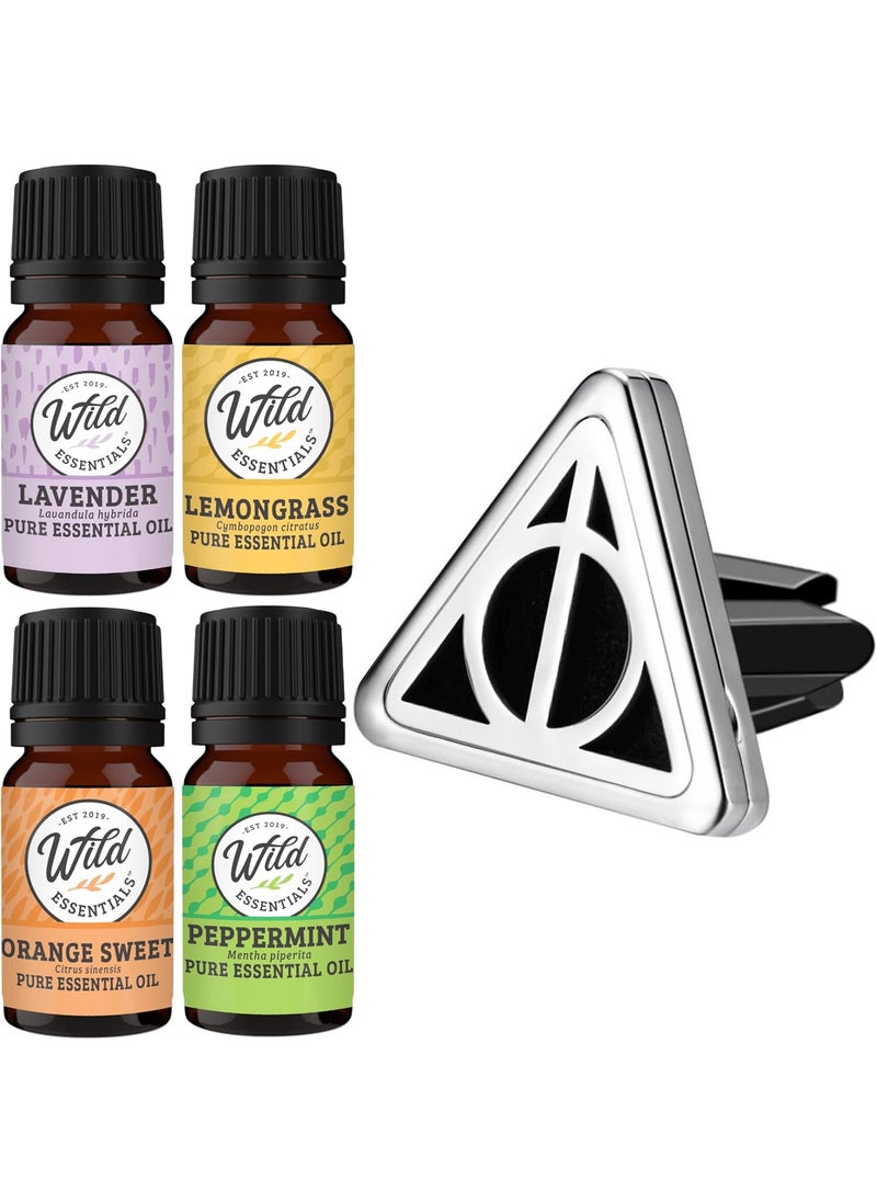 Wild Essentials Potter Hallows Essential Oil Car Vent Diffuser Kit with Lavender, Lemongrass, Peppermint, Orange Oils, Stainless Steel Locket Pendant, 8 Refill Pads, Color Changing Air Freshener
