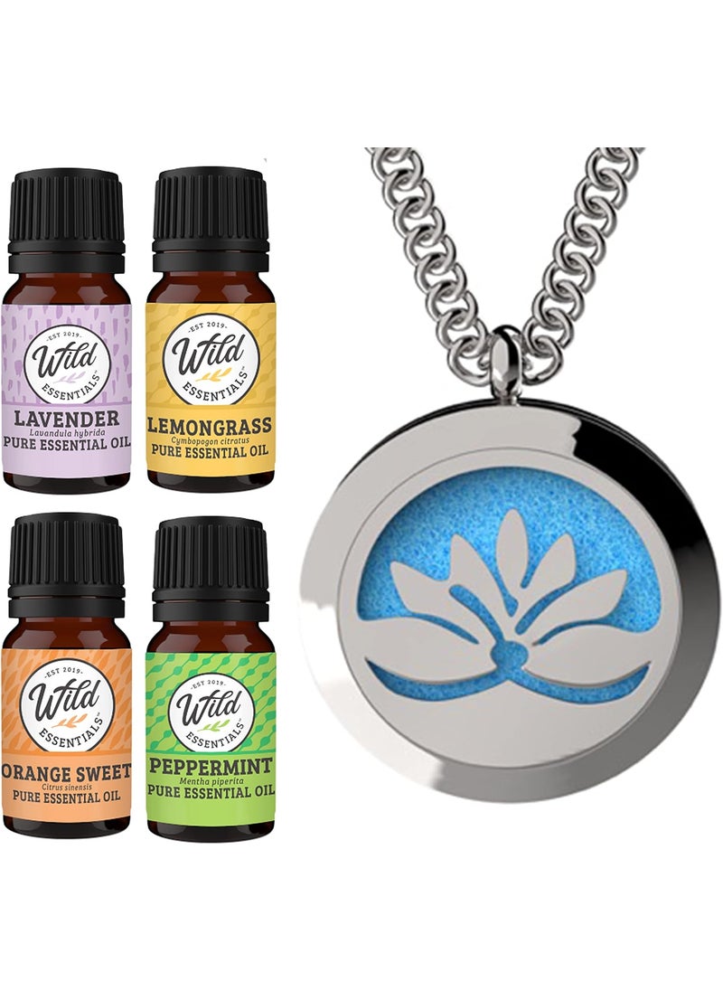 Wild Essentials Open Lotus Flower Necklace Essential Oil Diffuser Kit, Lavender, Lemongrass, Peppermint, Orange Oils, 12 Refill Pads, Aromatherapy Gift Set, Customizable Color Changing, Perfume
