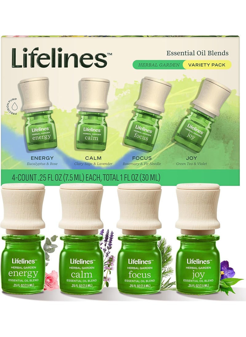 Lifelines Essential Oil Blends, 4-Pack - Blended Essential Oils with Precision Pump for Aromatherapy Diffusers - Long-Lasting Scented Fragrance - Herbal Garden (Joy, Calm, Focus & Energy)