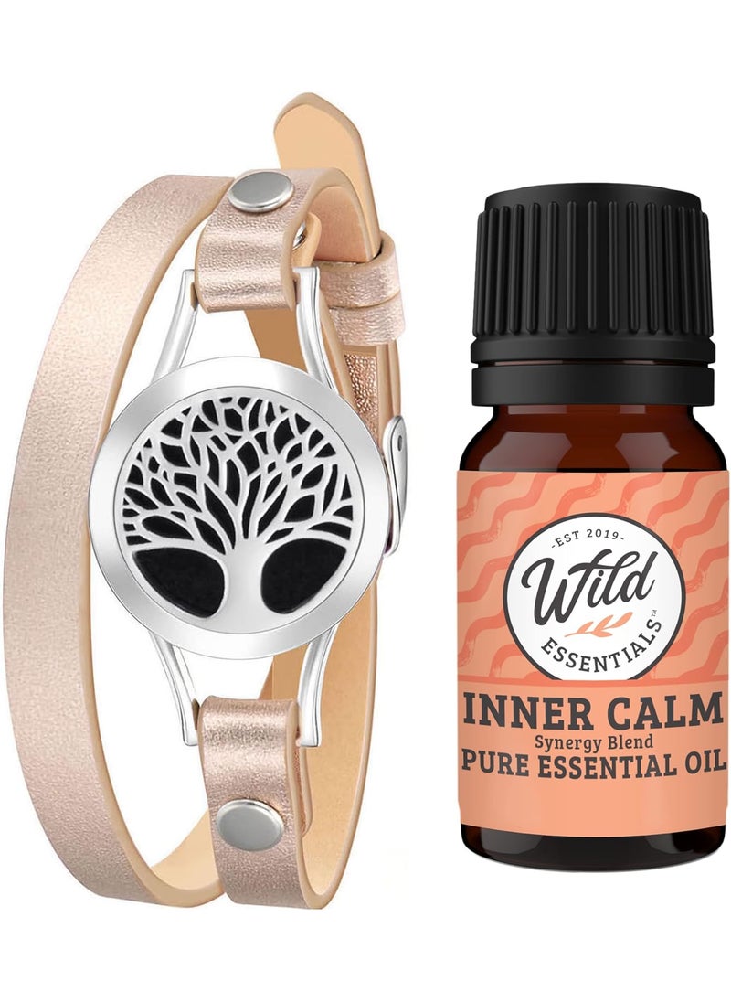 Wild Essentials Tree of Life Essential Oil Leather Wrap Bracelet Diffuser Kit, Gift Set, with Inner Calm Essential Oil Blend, 12 Pads, Customizable Color Changing Perfume Jewelry, Aromatherapy