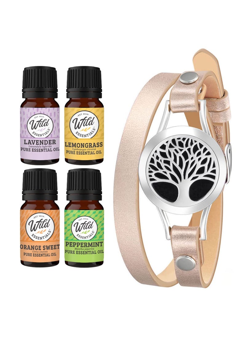 Wild Essentials Tree of Life Essential Oil Leather Wrap Bracelet Diffuser, Gift Set, Lavender, Lemongrass, Peppermint, Orange Oils, 12 Pads, Customizable Color Changing Perfume Jewelry, Aromatherapy