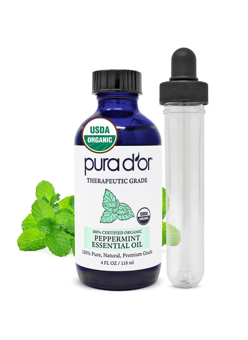PURA D'OR Organic Peppermint Essential Oil (4oz with Glass Dropper) 100% Pure & Natural Therapeutic Grade - Hair, Body, Skin, Aromatherapy Diffuser, Massage, Refreshens, Energy, Mood, Home, DIY Soap