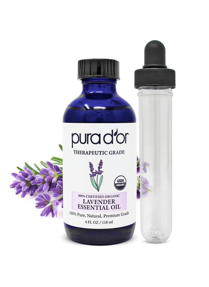 PURA D'OR Organic Lavender Essential Oil (4oz with Glass Dropper) 100% Pure & Natural Therapeutic Grade for Hair, Body, Skin, Aromatherapy Diffuser, Relaxation, Meditation, Massage, Home, DIY Soap