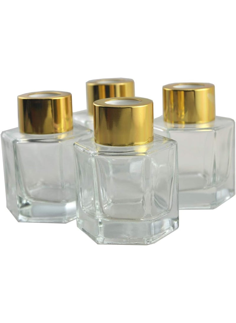 Set of 4 Hexagonal Column Glass Essential Oils Diffuser Bottles 60ml (Gold Cap)