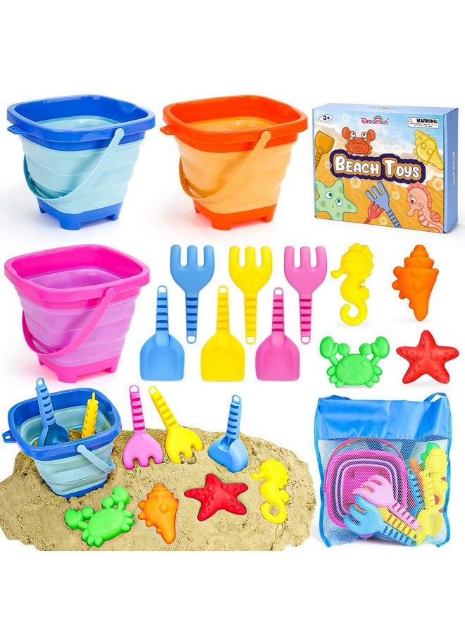 Dreamon Beach Toys for Kids 3-10, Collapsible Sand Castle Toys for Beach Include 3 Pack Foldable Buckets, Shovels Molds and Storage Mash Bag, Sandbox Travel Toys for Toddlers Kids