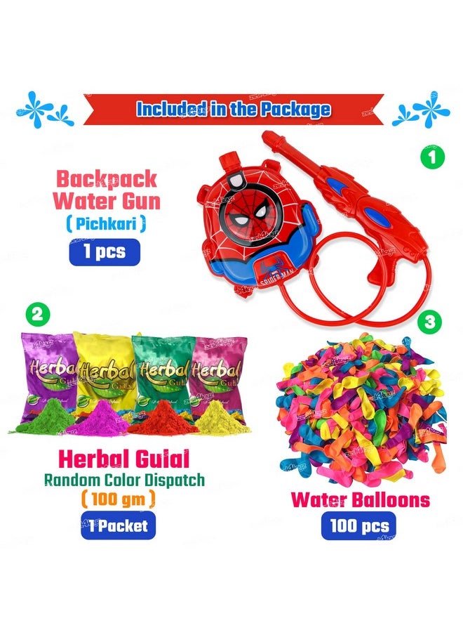 Zest 4 Toyz Holi Pichkari Water Gun for Kids Spiderman Themed Powerful High Pressure Tank Spray with 100 Water Balloons and 1 Herbal Gulal(Magic Tank)