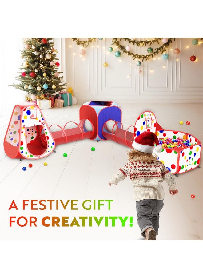 Playz 5-Piece Kids Play Tents Crawl Tunnels and Ball Pit Popup Bounce Playhouse Tent with Basketball Hoop for Indoor and Outdoor Use with Red Carrying Case
