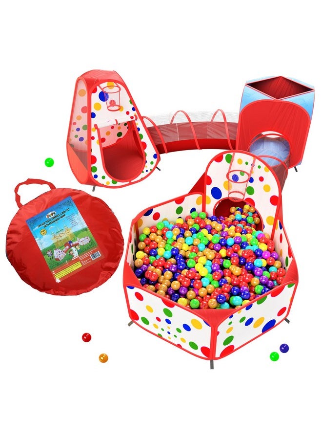 Playz 5-Piece Kids Play Tents Crawl Tunnels and Ball Pit Popup Bounce Playhouse Tent with Basketball Hoop for Indoor and Outdoor Use with Red Carrying Case