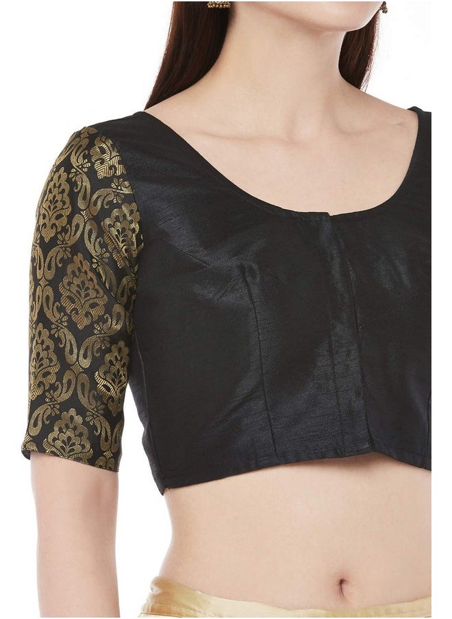 Studio Shringaar Women's Brocade Sleeves Saree Blouse(Black, 38)